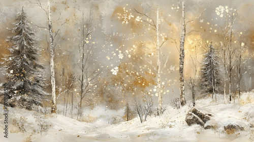 Serene winter forest scene in gold and white tones, snow-covered ground, leafless trees, and soft light.