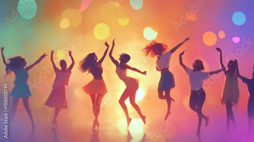 a group of people standing in front of a colorful background