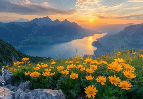 Stunning Sunset Over Lake with Vibrant Yellow Flowers in Foreground and Majestic Mountains in Background Capturing Serene Nature Beauty in Switzerland photo