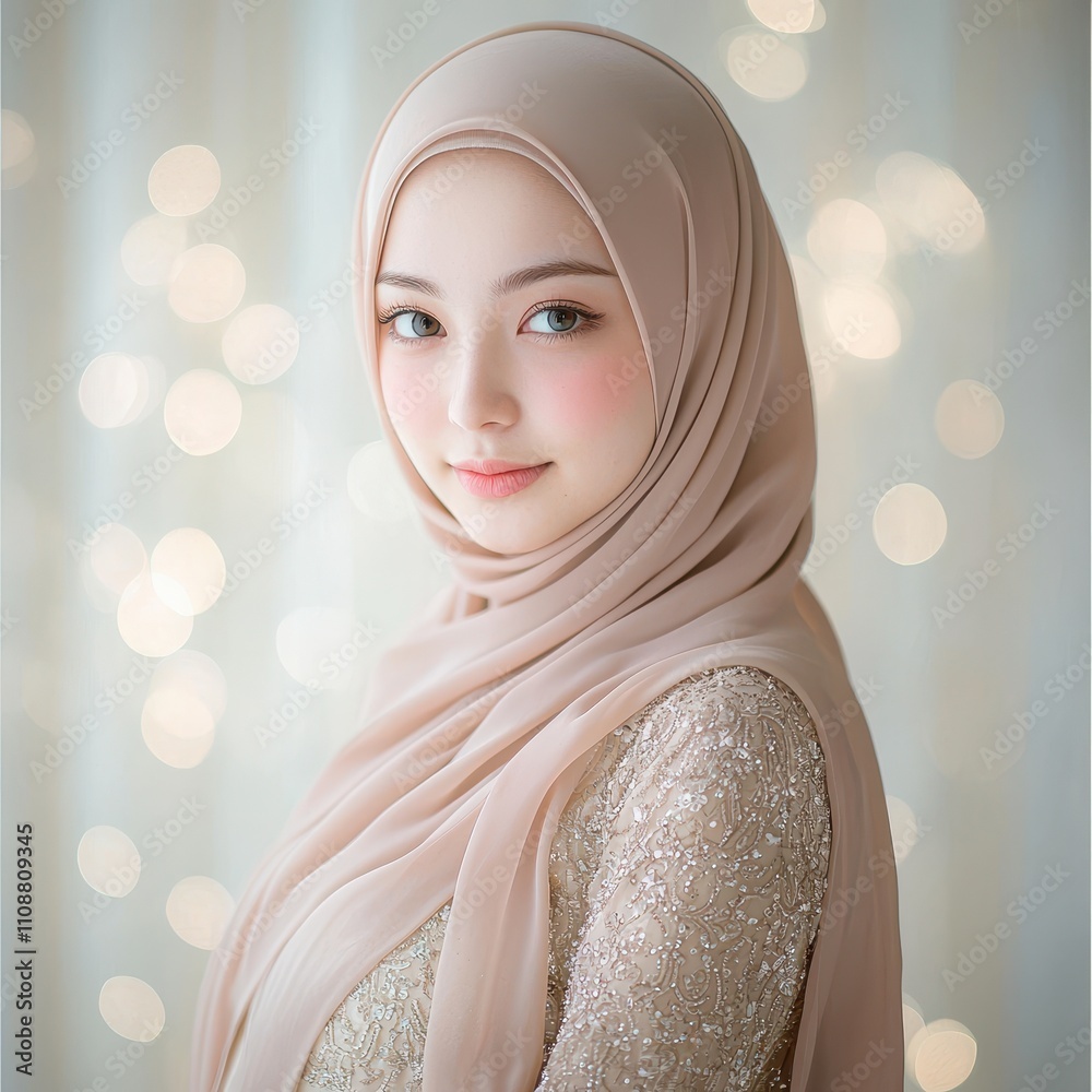Fototapeta premium Elegant Woman Wearing a Pale Pink Hijab and Dress