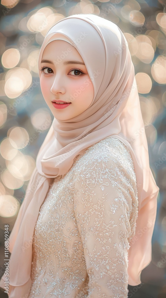 Fototapeta premium Elegant Woman In A Peach Hijab And Dress