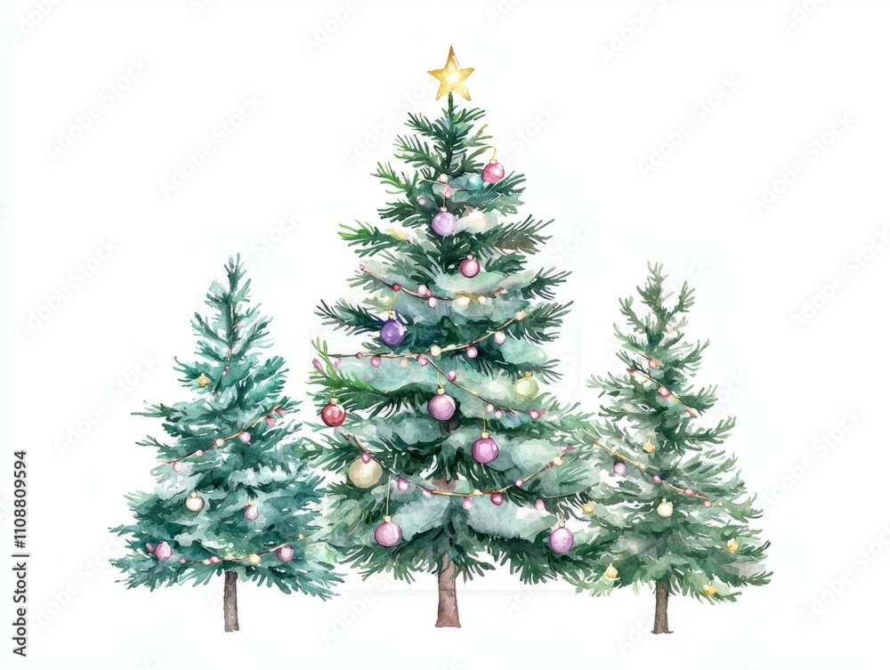 Obraz premium Festive Christmas Trees Watercolor Illustration with Ornaments and Lights on Isolated Background, Heartwarming Holiday Traditions Artwork