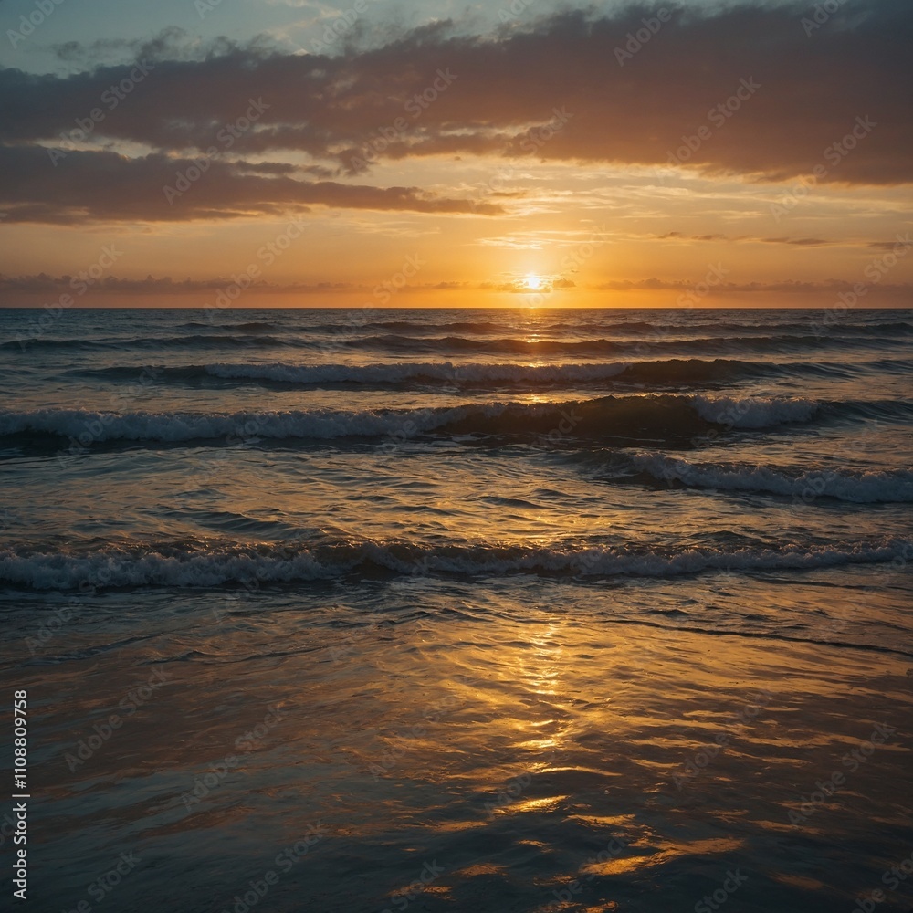 Fototapeta premium A serene sunset over a calm ocean with soft waves reflecting the golden hues.
