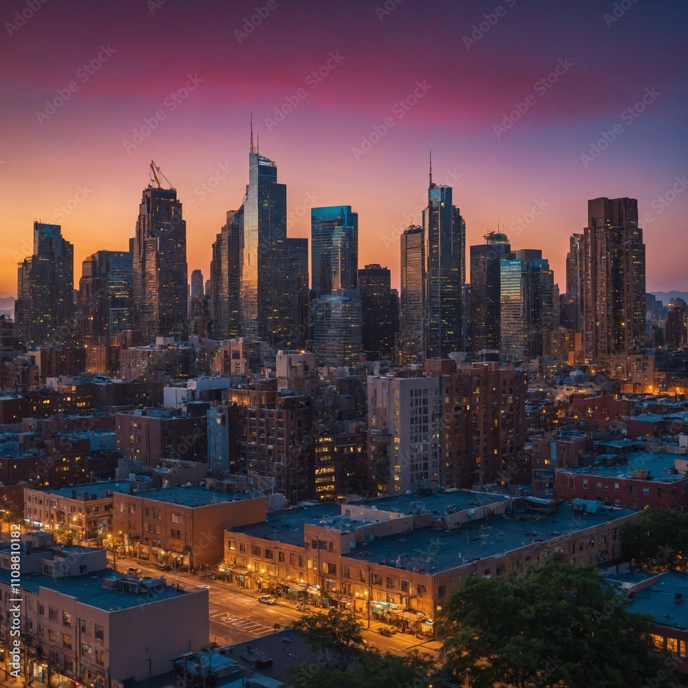 Obraz premium A vibrant city skyline at dusk with twinkling lights and a gradient sky.