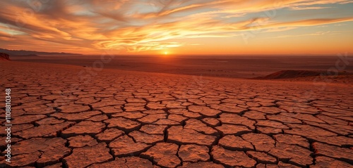 A stunning sunset over a dry desert landscape with cracked earth and an arid, textured environment photo