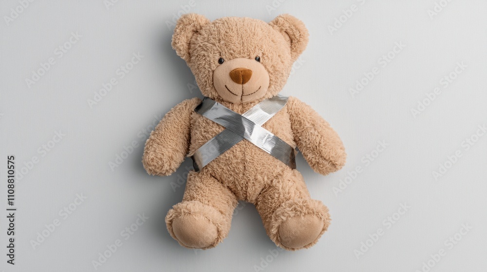 Obraz premium A soft, plush teddy bear with a silver ribbon, sitting against a light background, perfect for gifts or decorations.