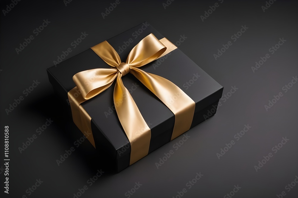 Obraz premium Horizontal banner with luxury designed black gift box with ribbon bow isolated on black background with copy space. Holiday banner, web poster, flyer, stylish brochure, greeting card, cover.