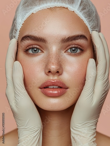 Beautician's Hands Gently Caring for Facial Skin - Sterile gloved hands delicately touch a woman's face, symbolizing skincare, beauty, hygiene, professionalism, and trust. photo