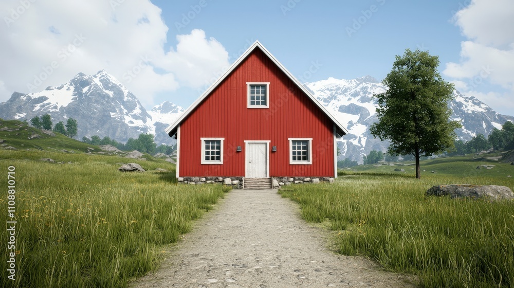 Serene Red Cabin Mountain Landscape Idyllic Rural Scene Serene Red Cabin Mountain Landscape Idyllic Rural Scene