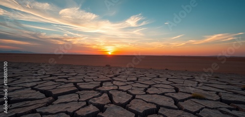 A stunning sunset over a dry desert landscape with cracked earth and an arid, textured environment