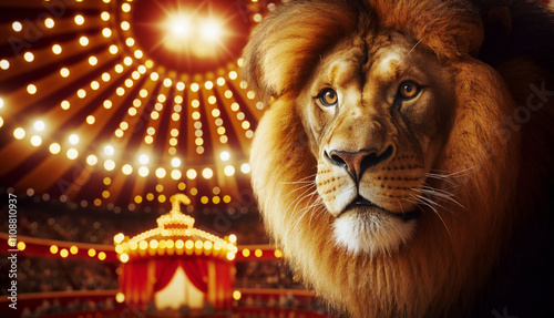 Lion standing proudly under circus lights, blending elegance with performance photo