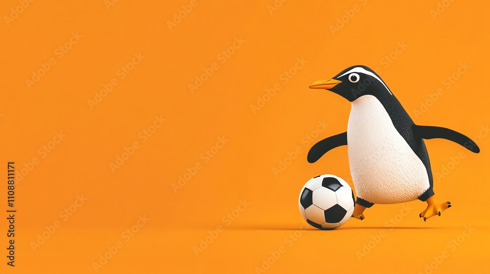 Fototapeta premium A cartoon penguin kicks a soccer ball on an orange background.