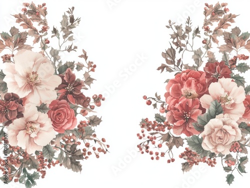 Festive Watercolor Holiday Floral Arrangements with Vibrant Colors on Isolated White Background, Exquisite Seasonal Decorations, Ultra-Detailed Artwork