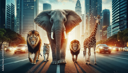 Elephant, lion, giraffe, and tiger walking in unison through a bustling city street at dawn
