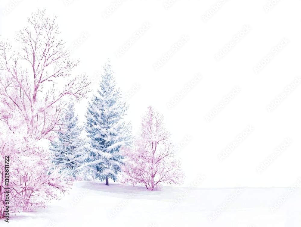 Fototapeta premium Winter Wonderland Watercolor Illustration with Intricate Trees and Christmas Elements on Isolated White Background, Capturing Serene Beauty of Christmas Season | Ultra-Detailed
