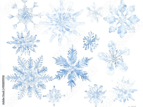 Delicate Watercolor Christmas Snowflakes with Intricate Designs on Isolated White Background