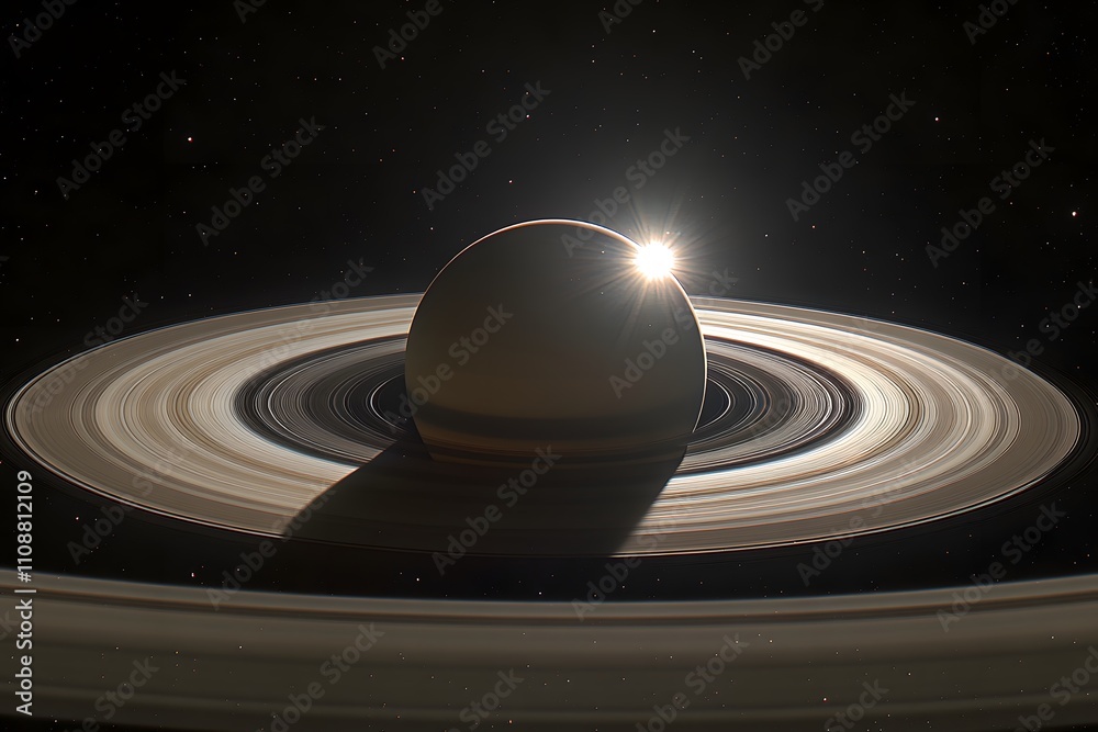 Fototapeta premium Saturn with rings in outer space surrounded by stars, astronomy and cosmic exploration of celestial objects in the universe