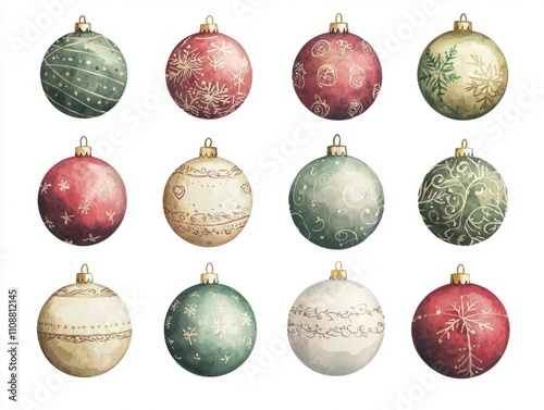 Whimsical Watercolor Holiday Ornaments Illustrating Festive Christmas Traditions | Joyful Hand-Drawn Decorations on Isolated White Background