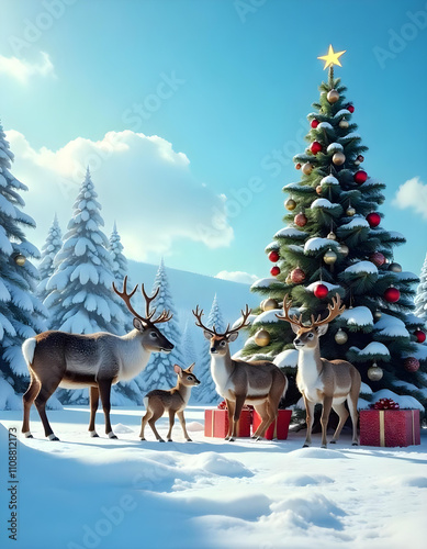 Reindeer in a snowy winter forest, preparing the Christmas celebration.