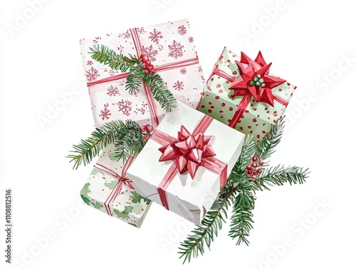 Delightful Watercolor Holiday Gift Boxes - Intricate Details and Festive Ribbons for Holiday Surprises on White Background