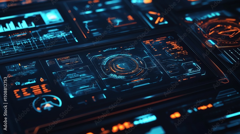 Obraz premium Close up of futuristic tech interface with glowing blue and orange lights.