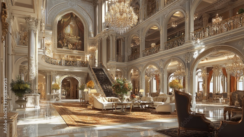 Fototapeta premium Luxury hotel in a historical palace, grand halls, rich tapestries, chandeliers, opulent decor,