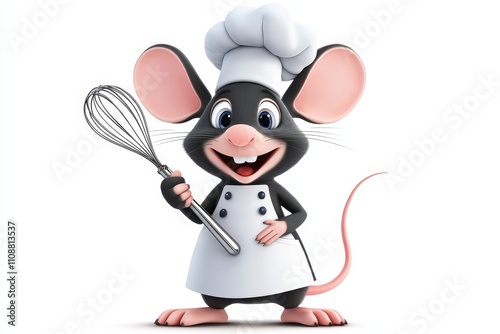 Chefy Mouse: A Cute Cartoon Chef - Adorable cartoon mouse chef, whisk in hand, ready to cook. Symbolizes fun, cooking, childhood, creativity, and deliciousness. photo