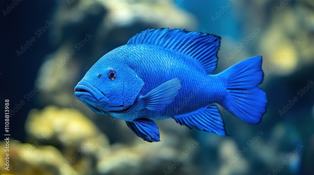 A vibrant blue fish swimming in a clear aquatic environment. A vibrant blue fish swimming in a clear aquatic environment.
