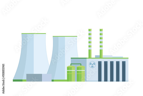 green nuclear power plant building flat design vector illustration
