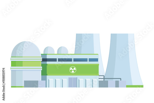 green nuclear power plant building flat design vector illustration