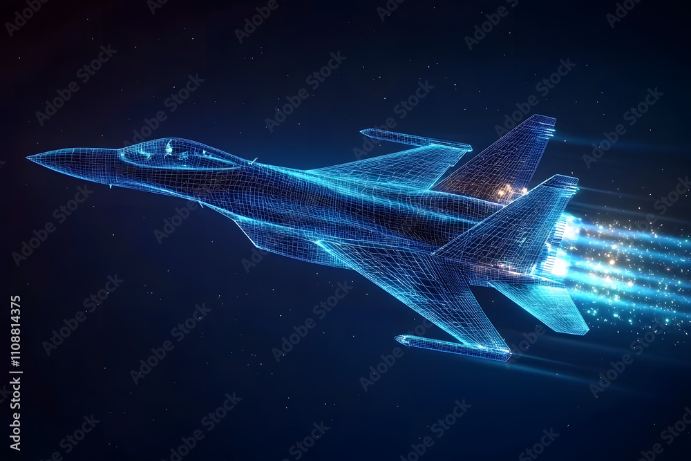 Fototapeta premium Blue Wireframe Jet Fighter in Flight with Glowing Trail