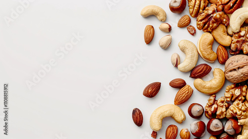 Different tasty nuts on a white background, with space for text.