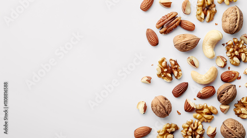 Different tasty nuts on a white background, with space for text.