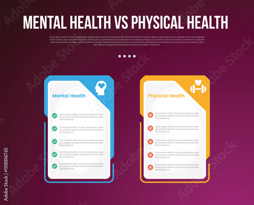 mental health vs physical health infographic for comparison data with creative big table price with badge on header side with modern dark with 2 point