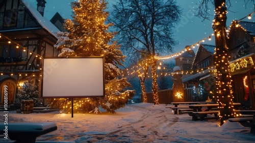 A snowy village square with a large Christmas tree and a white blank screen panel positioned beside it, glowing softly under string lights