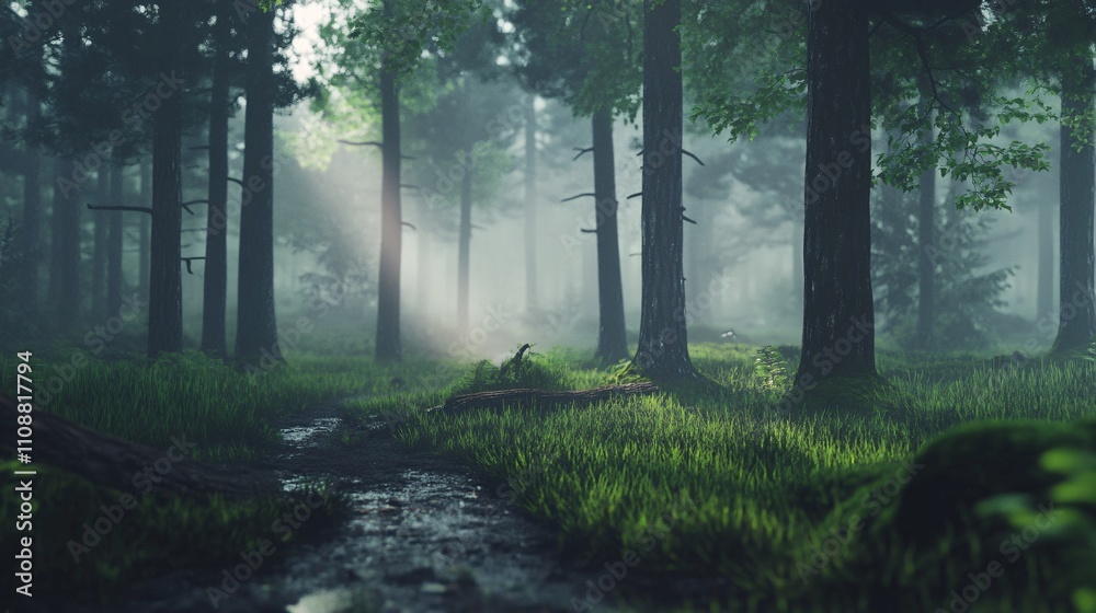 Fototapeta premium Sunbeams shining through fog in a green forest