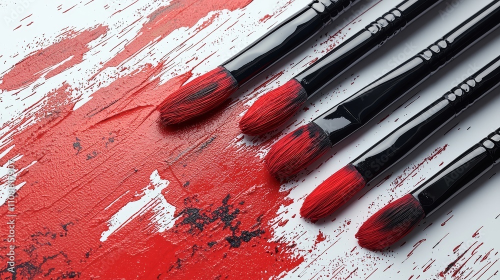 Obraz premium Brushes arranged on a painted surface with red and white details