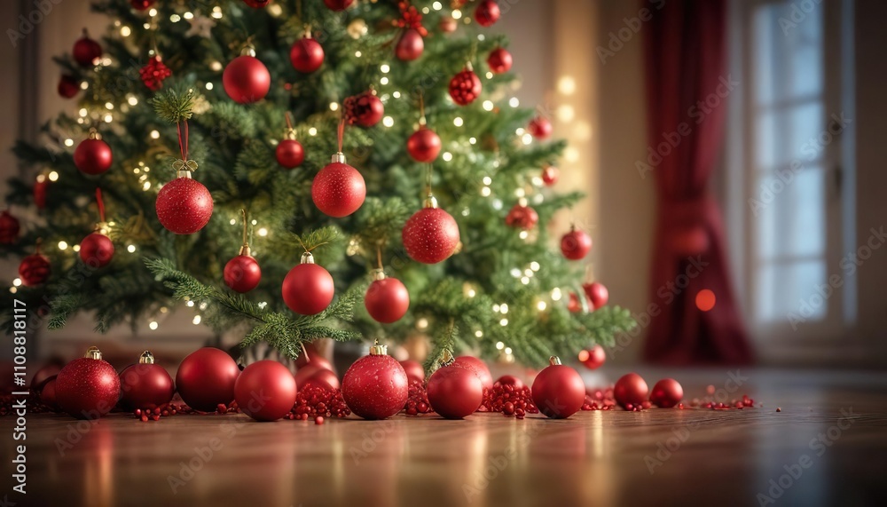 A beautifully styled bokeh image of a festive holiday background featuring a decorated tree and red ornaments , festive decor, christmas background A beautifully styled bokeh image of a festive holiday background featuring a decorated tree and red ornaments , festive decor, christmas background