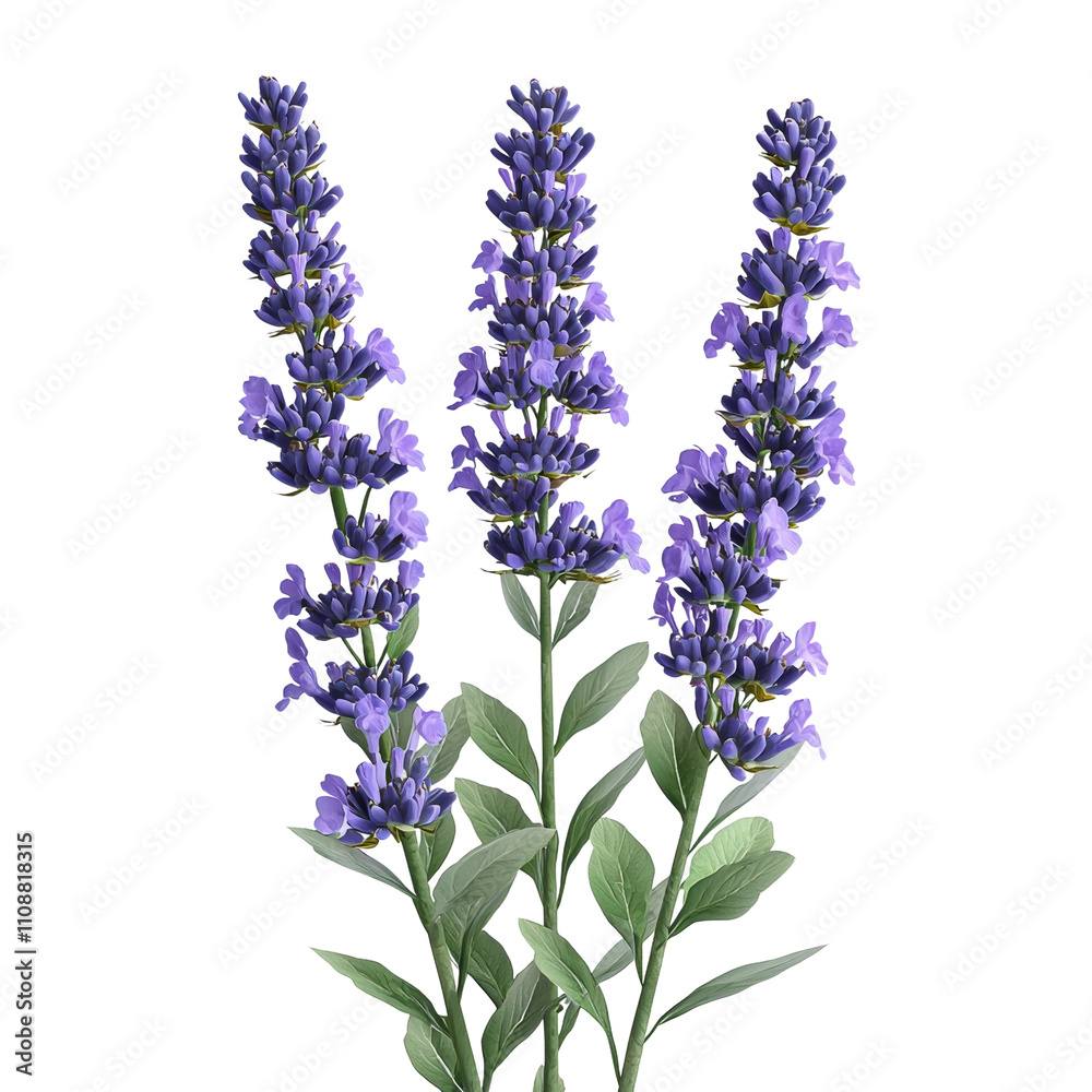 Obraz premium Vibrant Purple Flowers with Green Leaves Arrangement Isolated on transparent background