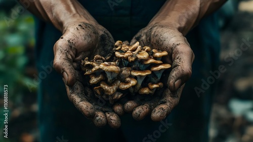 Farmer s Hands Holding Freshly Harvested Mushrooms Dirt Soil Fungi Nature Agriculture Organic photo