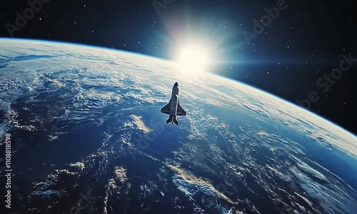 A spacecraft soaring above Earth, illuminated by the sun in the backdrop of space.