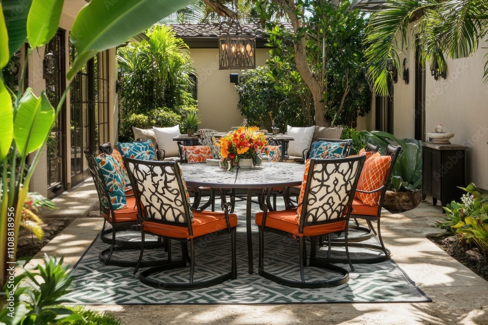 Obraz premium A patio dining set with an iron frame, orange cushions, and a patterned rug on a patio with tropical plants.