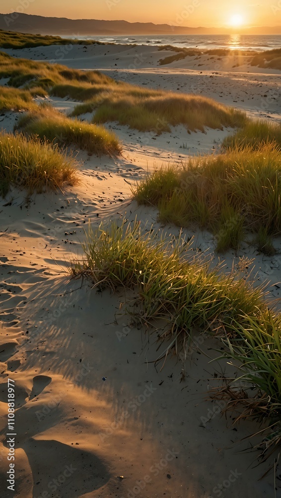 Obraz premium Sand dunes and seagrass at sunset, illuminated by warm sunlight.