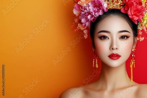 Elegant Chinese Woman in Traditional Dress and Flower Crown - A beautiful Asian woman models a traditional Chinese dress, adorned with a vibrant flower crown.  Beauty, elegance, tradition, culture, an photo