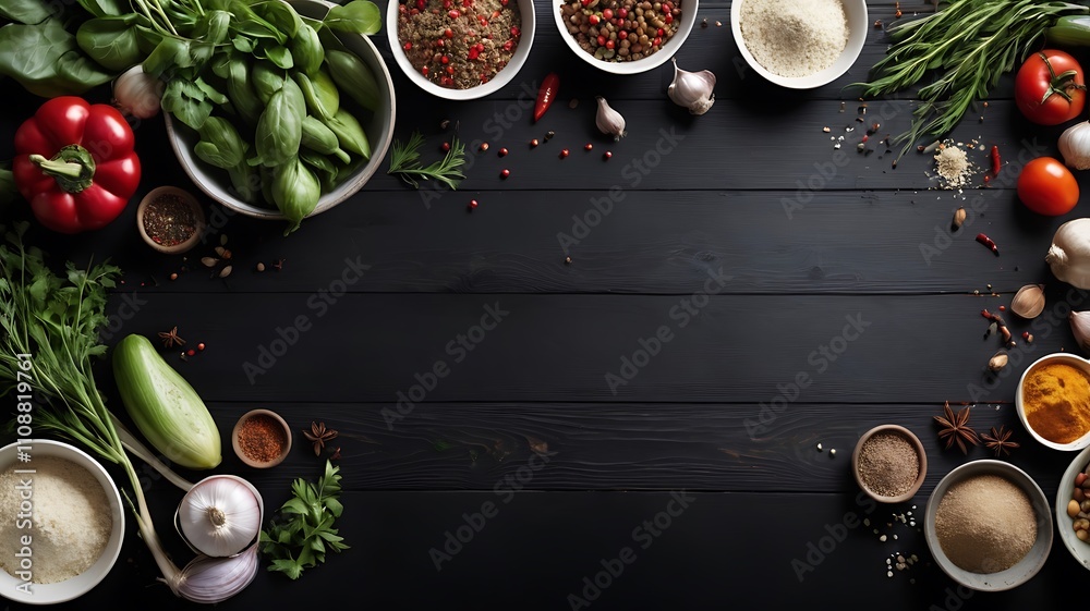 Collection of spices on dark background. Cumin, mustard powder, garlic, basil, peppercorns, turmeric, root, ginger, rosemary, paprika, red pepper, thymus,
