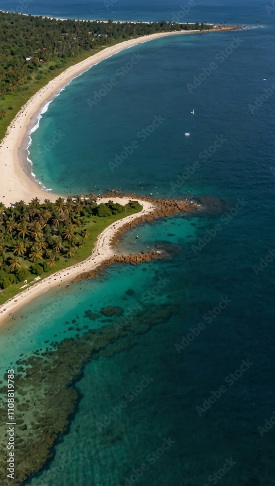 Fototapeta premium Sandy bay with palm-fringed island, aerial view.