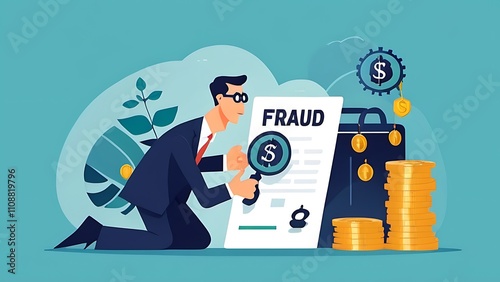 Financial fraud investigation, uncovering scams, flat design illustration photo