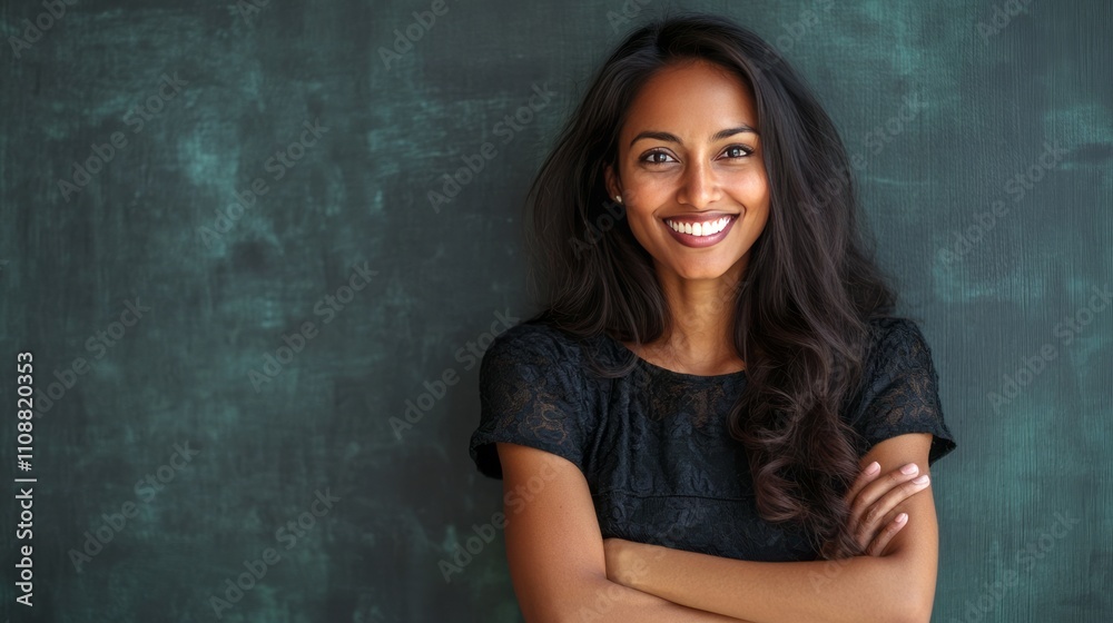 Fototapeta premium A woman with long hair is smiling and posing for a picture