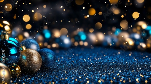 Festive Blue Glitter Background with Ornaments - Sparkling blue glitter, gold and blue ornaments, bokeh lights, holiday, celebration photo