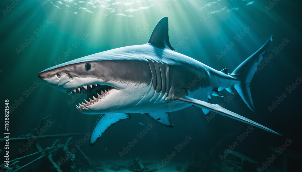 Fototapeta premium A translucent shark with glowing blue skeleton visible inside its body, swimming in mid-air.